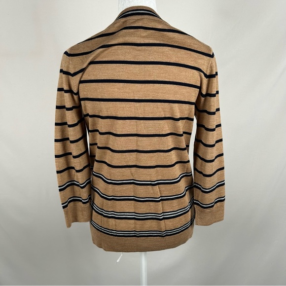 🔥CLOSING SALE🔥NEW J Crew Tan Black Merino Wool Striped 3/4 Sleeve Sweater - Picture 2 of 7